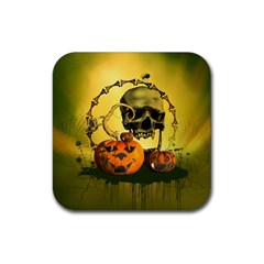 Halloween, Funny Pumpkins And Skull With Spider Rubber Coaster (square) 