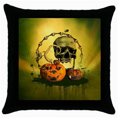 Halloween, Funny Pumpkins And Skull With Spider Throw Pillow Case (black)