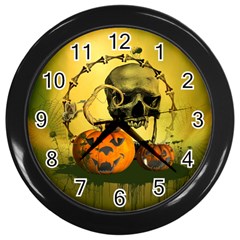 Halloween, Funny Pumpkins And Skull With Spider Wall Clocks (black)