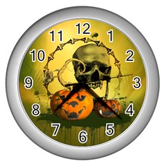 Halloween, Funny Pumpkins And Skull With Spider Wall Clocks (silver) 