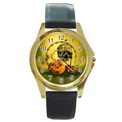 Halloween, Funny Pumpkins And Skull With Spider Round Gold Metal Watch by FantasyWorld7