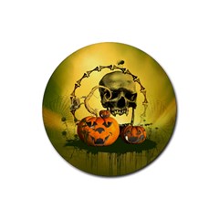 Halloween, Funny Pumpkins And Skull With Spider Rubber Round Coaster (4 Pack) 