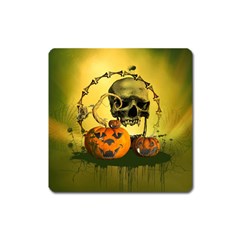 Halloween, Funny Pumpkins And Skull With Spider Square Magnet by FantasyWorld7