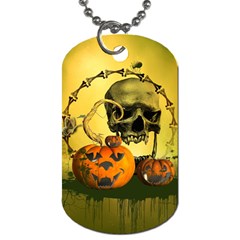 Halloween, Funny Pumpkins And Skull With Spider Dog Tag (one Side)