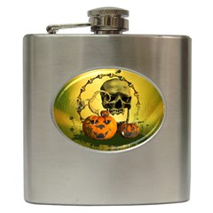 Halloween, Funny Pumpkins And Skull With Spider Hip Flask (6 Oz)