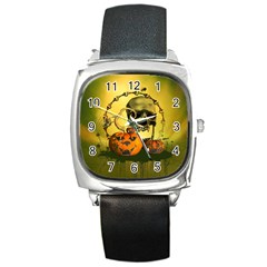 Halloween, Funny Pumpkins And Skull With Spider Square Metal Watch by FantasyWorld7