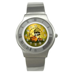 Halloween, Funny Pumpkins And Skull With Spider Stainless Steel Watch