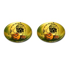 Halloween, Funny Pumpkins And Skull With Spider Cufflinks (oval)