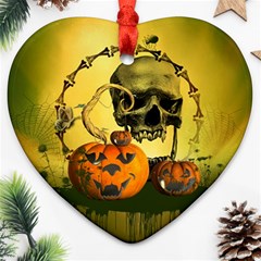 Halloween, Funny Pumpkins And Skull With Spider Heart Ornament (2 Sides)