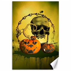 Halloween, Funny Pumpkins And Skull With Spider Canvas 12  X 18  