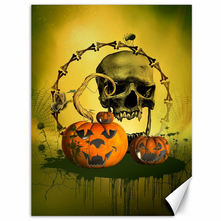 Halloween, Funny Pumpkins And Skull With Spider Canvas 36  x 48  