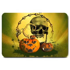 Halloween, Funny Pumpkins And Skull With Spider Large Doormat  by FantasyWorld7