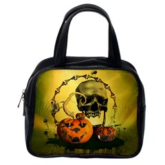 Halloween, Funny Pumpkins And Skull With Spider Classic Handbags (one Side)