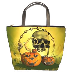 Halloween, Funny Pumpkins And Skull With Spider Bucket Bags