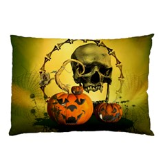 Halloween, Funny Pumpkins And Skull With Spider Pillow Case