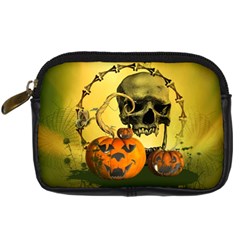 Halloween, Funny Pumpkins And Skull With Spider Digital Camera Cases