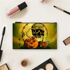 Halloween, Funny Pumpkins And Skull With Spider Cosmetic Bag (small)  by FantasyWorld7