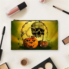 Halloween, Funny Pumpkins And Skull With Spider Cosmetic Bag (medium) 