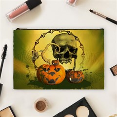 Halloween, Funny Pumpkins And Skull With Spider Cosmetic Bag (large)  by FantasyWorld7