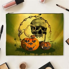 Halloween, Funny Pumpkins And Skull With Spider Cosmetic Bag (xl) by FantasyWorld7