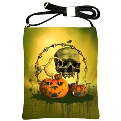 Halloween, Funny Pumpkins And Skull With Spider Shoulder Sling Bags by FantasyWorld7