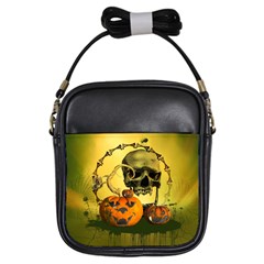 Halloween, Funny Pumpkins And Skull With Spider Girls Sling Bags by FantasyWorld7