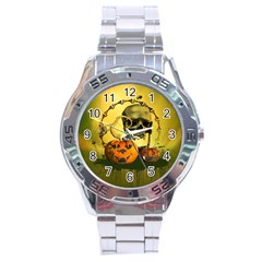 Halloween, Funny Pumpkins And Skull With Spider Stainless Steel Analogue Watch by FantasyWorld7