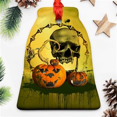 Halloween, Funny Pumpkins And Skull With Spider Ornament (bell)  by FantasyWorld7