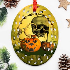 Halloween, Funny Pumpkins And Skull With Spider Ornament (oval Filigree) 