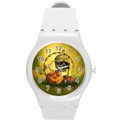 Halloween, Funny Pumpkins And Skull With Spider Round Plastic Sport Watch (m) by FantasyWorld7