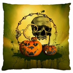 Halloween, Funny Pumpkins And Skull With Spider Large Cushion Case (one Side)