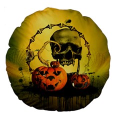 Halloween, Funny Pumpkins And Skull With Spider Large 18  Premium Round Cushions by FantasyWorld7