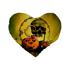 Halloween, Funny Pumpkins And Skull With Spider Standard 16  Premium Heart Shape Cushions