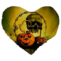 Halloween, Funny Pumpkins And Skull With Spider Large 19  Premium Heart Shape Cushions