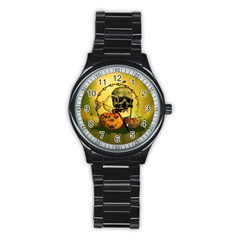 Halloween, Funny Pumpkins And Skull With Spider Stainless Steel Round Watch