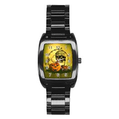 Halloween, Funny Pumpkins And Skull With Spider Stainless Steel Barrel Watch