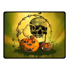 Halloween, Funny Pumpkins And Skull With Spider Double Sided Fleece Blanket (small) 