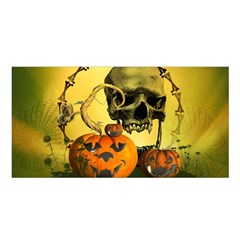 Halloween, Funny Pumpkins And Skull With Spider Satin Shawl