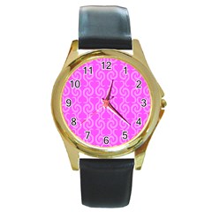 Pink Elegant Pattern Round Gold Metal Watch