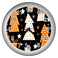 Orange Playful Xmas Wall Clocks (silver)  by Valentinaart