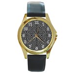 Black and White Tribal Pattern Round Gold Metal Watch Front