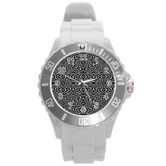 Black And White Tribal Pattern Round Plastic Sport Watch (l)