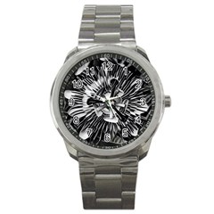 Black And White Passion Flower Passiflora  Sport Metal Watch