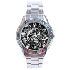 Black And White Passion Flower Passiflora  Stainless Steel Analogue Watch