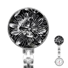 Black And White Passion Flower Passiflora  Stainless Steel Nurses Watch