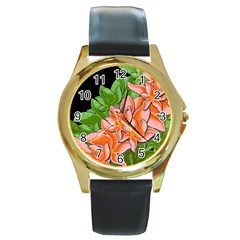 Decorative Flowers Round Gold Metal Watch