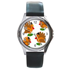 Thanksgiving Turkeys Round Metal Watch by Valentinaart