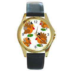 Thanksgiving Turkeys Round Gold Metal Watch by Valentinaart