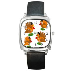 Thanksgiving Turkeys Square Metal Watch by Valentinaart