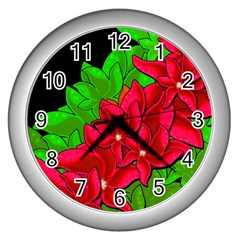 Xmas Red Flowers Wall Clocks (silver)  by Valentinaart